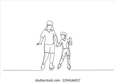 Cartoon of Dad with his little daughter on the rollerblades skates. Single continuous line art style
