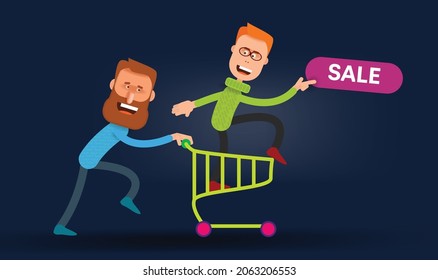 Cartoon dad rolls his son in a shopping basket. Vector banner