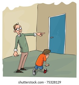 Cartoon of Dad scolding his son and sending him out of the room