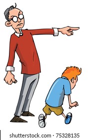 Cartoon of Dad scolding his son and sending him away