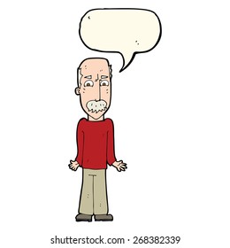 cartoon dad shrugging shoulders with speech bubble