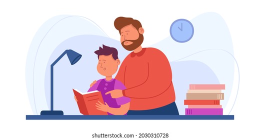 Cartoon dad and son doing homework together. Flat vector illustration. Father helping small child, teaching him, reading book at home. Family, education, school, reading concept for banner design