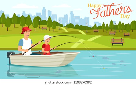 Cartoon dad and son sitting in boat and fishing on lake. Father's Day. Family holiday. Active leisure concept.