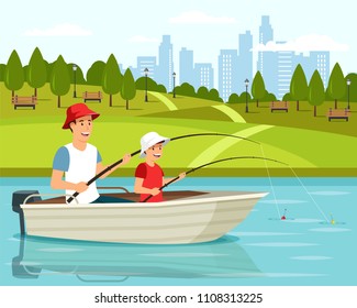 Cartoon Dad And Son Sitting In Boat And Fishing On Lake. Father's Day. Family Holiday. Active Leisure Concept.