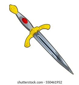 Cartoon dagger with gold handle isolated on white background. Vector illustration of close-up.
