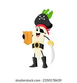 Cartoon daikon radish pirate and corsair vegetable character. Isolated vector veggies personage with treasure map, brimming with excitement and curiosity, ready to discover hidden riches in adventure