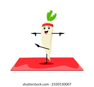 Cartoon daikon vegetable character on yoga fitness sport. Isolated vector playful veggies sportsman stand in yoga pose inspire a sense of balance, health, and mindfulness in a fun and imaginative way