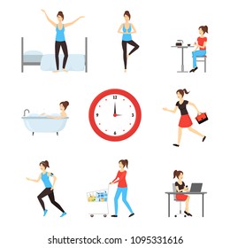 Cartoon Daily Routine Character Woman Set Everyday Lifestyle Concept Element Flat Design Style. Vector illustration of Female Activities