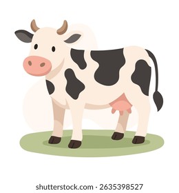 Cartoon dairy cow with black spots stands on green grass, cow adds charm to farm visuals, cow perfect for milk-related content, rural life, and educational illustrations.