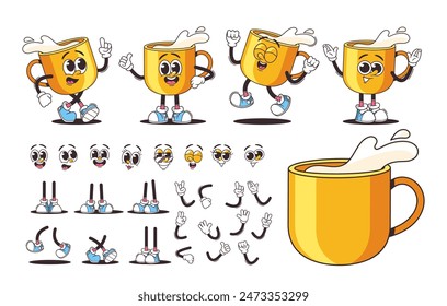 Personajes De La Taza De Leche De Dibujos Animados Con Leche Salpicada, Diferentes Expresiones Faciales Y Poses. Kit de construcción de Vector