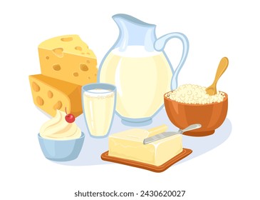 Caricatura de productos lácteos composición. Comida de leche. Queso de granja. Botella de yogur y mantequilla. Fuente orgánica fresca de calcio. Crema batida. Jarra de cristal. Nutrición saludable