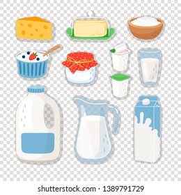 Cartoon dairy products. Milk product set isolated on transparent background, healthy milk and cheese eating snacks, dairy food ingredients for cooking, vector illustration