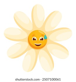 Cartoon daisy character with a happy expression sweating under the sun