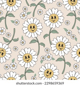 Cartoon daisy flower with face vector seamless pattern. Hippie vacation background. Retro groovy surface design for textile, scrap book 