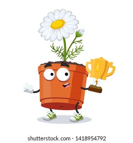 cartoon daisy flower in a pot mascot holds the number one cup on white background