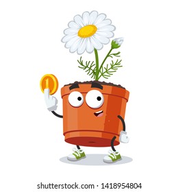 cartoon daisy flower in a pot mascot keeps the coin on white background