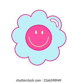 Cartoon daisy flower with smile from 1970s or y2k. Positive vector isolated symbols