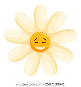 Cartoon daisy flower is smiling with closed eyes, bringing joy and happiness