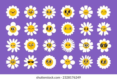 Flores de margarita. Cara retro de flores, sonrisa alegre camomila personajes. Pequeña emoción de plantas florales. Pétalos blancos de moda, rostros naranja primaverales. Conjunto de vectores. Plantas hermosas y diferentes