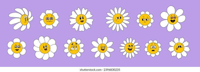 Flores de margarita. Cara retro de flores, sonrisa alegre camomila personajes. Pequeña emoción de plantas florales. Pétalo blanco de moda, caras amarillas de primavera. Conjunto de vectores