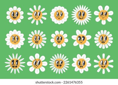 Cartoon daisy flowers. Retro comic book blooming chamomile flowers with funny faces, daisy emojis with eyes and mouths. Flat vector illustration set