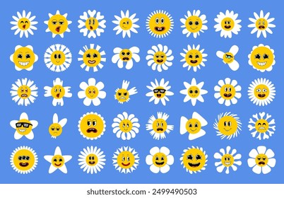 Cartoon Daisy flowers set with funny smiling faces. Cute comic chamomile characters in cartoon retro style. Happy sunny chamomiles. Bloom chamomile emoji.