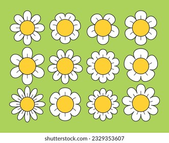 Cartoon Daisy Flowers Set Isolated On Green Background. Small, Delicate Blooms With White Petals And Yellow Center