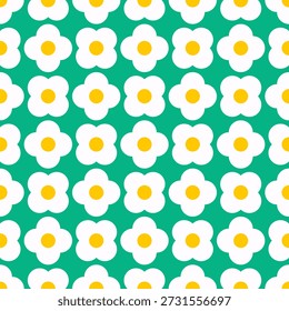 Cartoon Daisy on Green Background Seamless Pattern. Floral Pattern for Fabric Design.