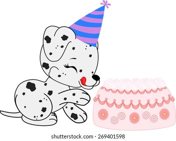 Cartoon dalmatian girl puppy with birthday cake.

