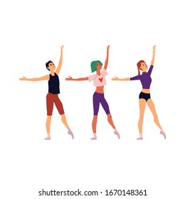 Cartoon dance group people standing in elegance ballet pose - young man and women dancing in casual clothes during rehearsal practice. Flat isolated vector illustration set.