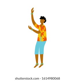 Cartoon dancer man in tropical Hawaiian shirt standing in dancing pose - young person in exotic traditional summer costume. Isolated flat vector illustration.