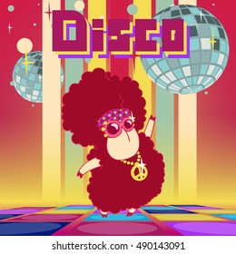 Cartoon dancing animal. Disco ball. Colored dance floor with fun background and text. Vector illustration.