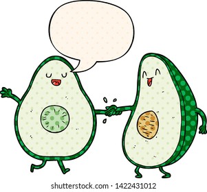 cartoon dancing avocados with speech bubble in comic book style