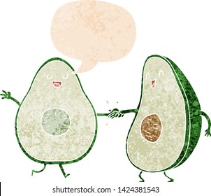 cartoon dancing avocados with speech bubble in grunge distressed retro textured style