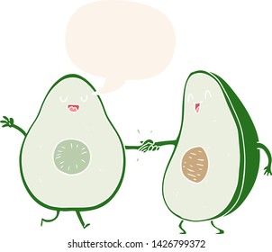 cartoon dancing avocados with speech bubble in retro style