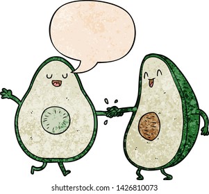 cartoon dancing avocados with speech bubble in retro texture style