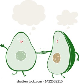 cartoon dancing avocados with thought bubble in retro style