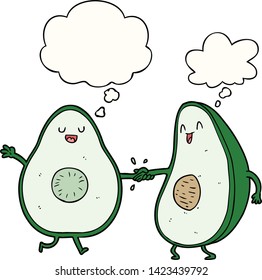cartoon dancing avocados with thought bubble