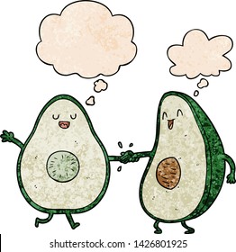 cartoon dancing avocados with thought bubble in grunge texture style