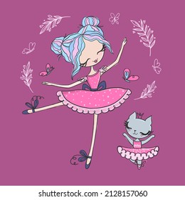 Cartoon dancing ballerina girl illustration and blue hair   little ballerina's cat  Little kitty   ballet dancer in pink tutu dress