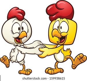 Cartoon dancing chickens. Vector clip art illustration with simple gradients. All in a single layer. 