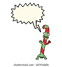 cartoon dancing christmas candy cane with speech bubble