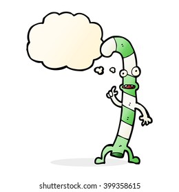 cartoon dancing christmas candy cane with thought bubble