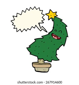 cartoon dancing christmas tree with speech bubble