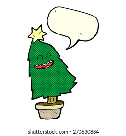 cartoon dancing christmas tree with speech bubble