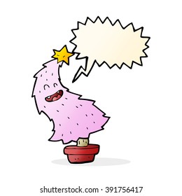cartoon dancing christmas tree with speech bubble