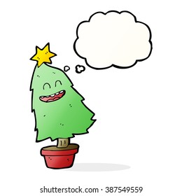 caricatura bailando árbol de navidad con burbuja de pensamiento
