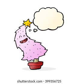 cartoon dancing christmas tree with thought bubble