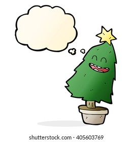 cartoon dancing christmas tree with thought bubble