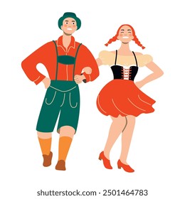 Pareja de baile de dibujos animados con vestimenta nacional bávara. Personajes lindos que realizan la danza popular tradicional. Hombre en pantalones cortos y un sombrero, mujer en una falda y blusa. Diseño de Vector aislado en estilo blanco y plano.